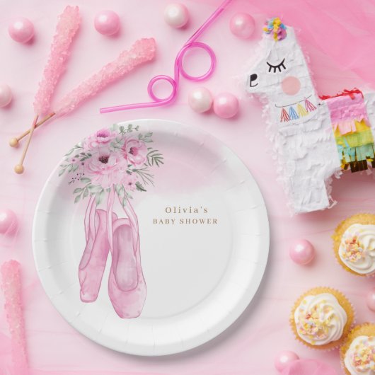 Roze Elegant Bloemen Ballerina Schoenen Baby showe Papieren Bordje (Feest)