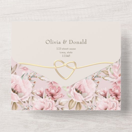 Roze Elegant Bloemen Bruiloft All In One Uitnodiging (Achterkant)