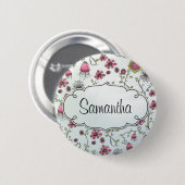 Roze Elegant bloemen met lijst voor naam Ronde Button 5,7 Cm (Voorkant /achterkant)