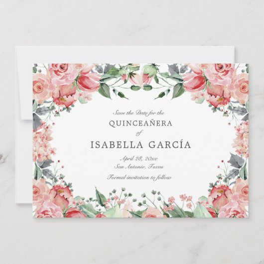Roze Elegant Bloemen Script Quinceañera Save The Date (Voorkant)