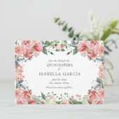 Roze Elegant Bloemen Script Quinceañera Save The Date (Staand voorkant)