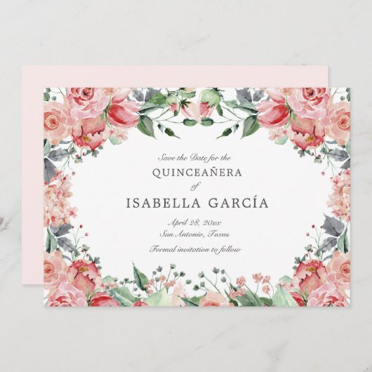 Roze Elegant Bloemen Script Quinceañera Save The Date (Voorkant / Achterkant)