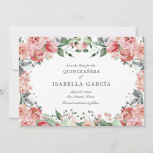 Roze Elegant Bloemen Script Quinceañera Save The Date