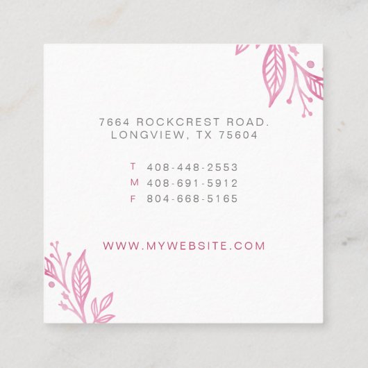 Roze Elegant Bloemen Waterverf Botanische kuif Vierkante Visitekaartje (Achterkant)