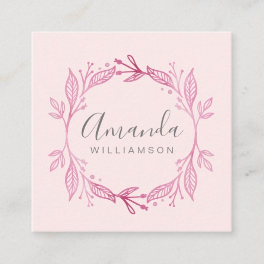 Roze Elegant Bloemen Waterverf Botanische kuif Vierkante Visitekaartje (Voorkant)