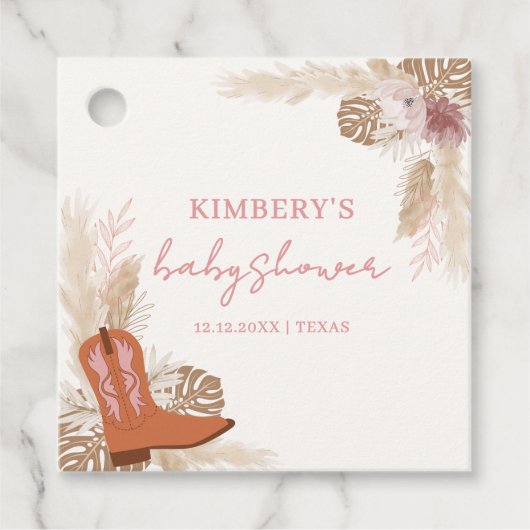 Roze Elegant Boho Cowgirl Boots Pampas Baby shower Bedankjes Labels (Voorkant)
