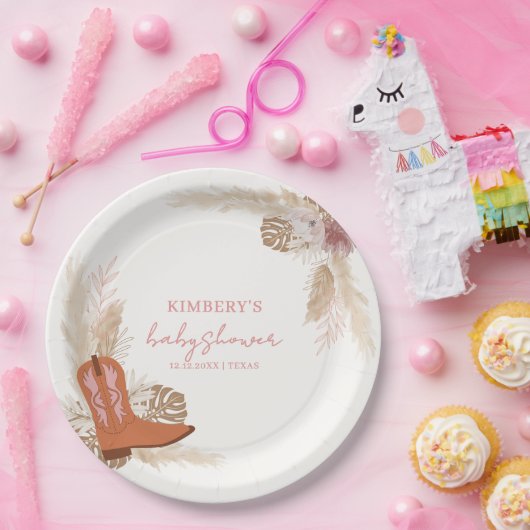Roze Elegant Boho Cowgirl Boots Pampas Baby shower Papieren Bordje (Feest)