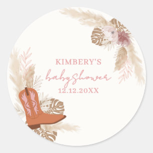 Roze Elegant Boho Cowgirl Boots Pampas Baby shower Ronde Sticker