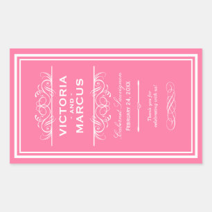 Roze Elegant Bruiloft Monogram Wijnfles Rechthoekige Sticker