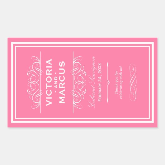 Roze Elegant Bruiloft Monogram Wijnfles Rechthoekige Sticker (Voorkant)