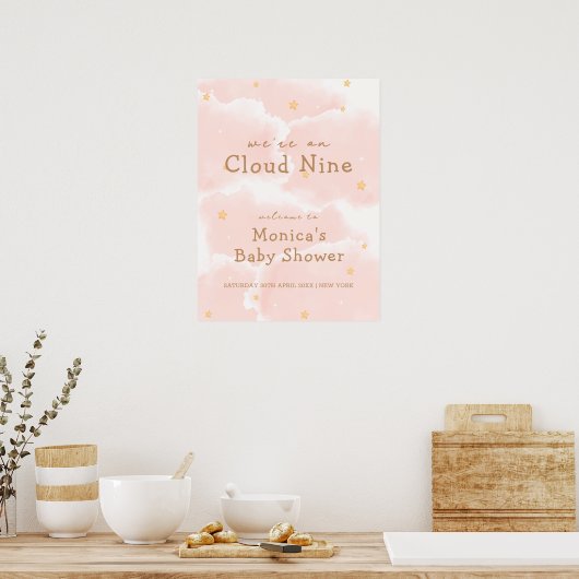 Roze Elegant Cloud Nine Meisje Baby shower Welkom Poster (Keuken)