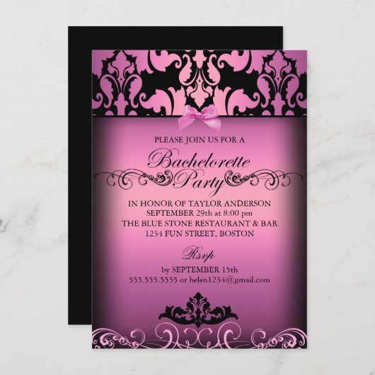 Roze Elegant Damask Bachelorette Party Uitnodiging (Voorkant / Achterkant)