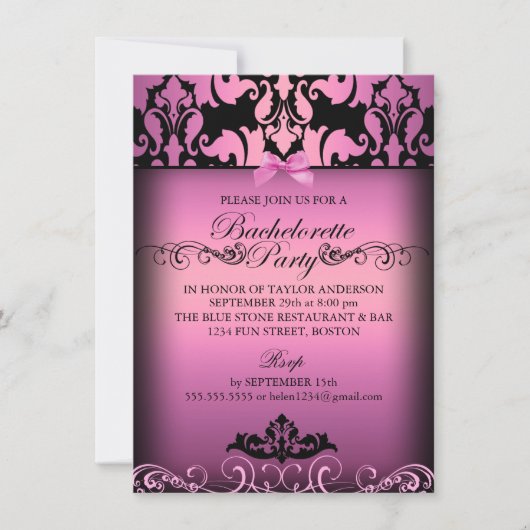 Roze Elegant Damask Bachelorette Party Uitnodiging (Voorkant)