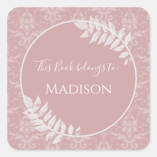 Roze Elegant Damask Book Sticker (Voorkant)
