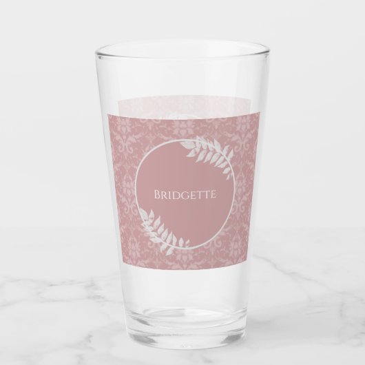 Roze Elegant Damask gepersonaliseerd glas (Voorkant)