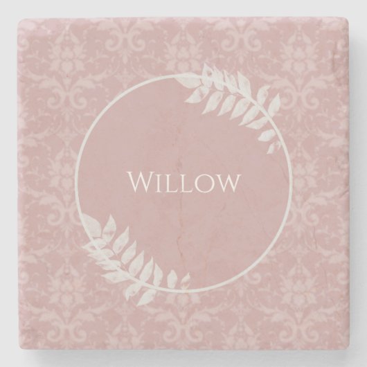 Roze Elegant Damask gepersonaliseerd Stone Onderze Stenen Onderzetter (Voorkant)