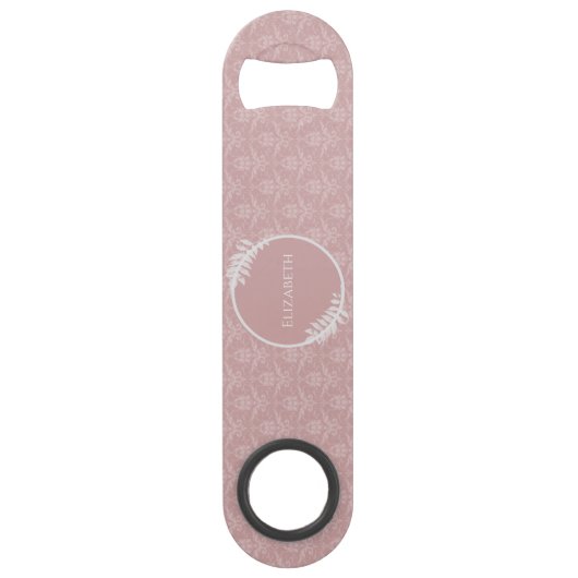 Roze Elegant Damask Persoonlijke Bar Key Speed Flessenopener (Voorkant)