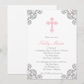 Roze Elegant Filigraan Swirl Baptisme Uitnodiging (Voorkant / Achterkant)