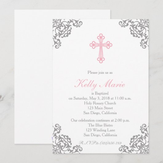 Roze Elegant Filigraan Swirl Baptisme Uitnodiging (Voorkant / Achterkant)
