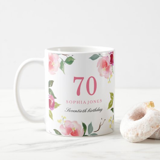  roze Elegant Floral 70th Birthday Gift Koffiemok (Met donut)