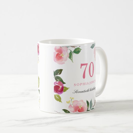  roze Elegant Floral 70th Birthday Gift Koffiemok (Voorkant rechts)