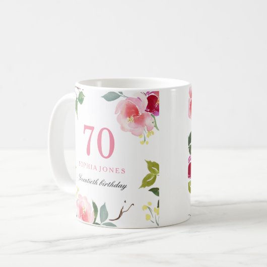  roze Elegant Floral 70th Birthday Gift Koffiemok (Voorkant links)