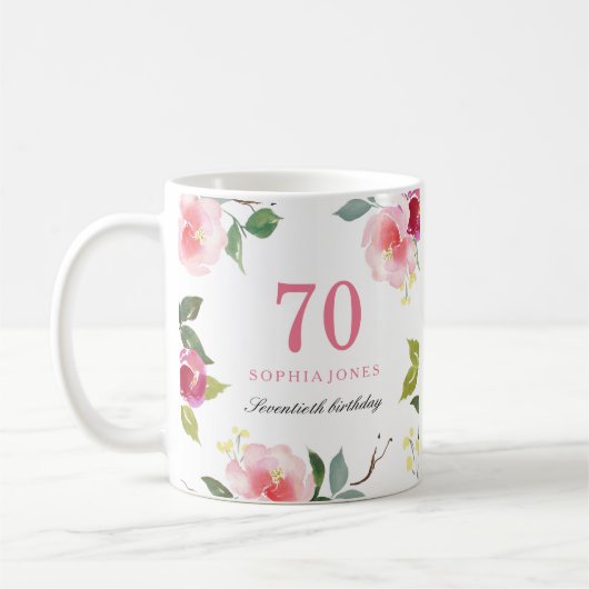  roze Elegant Floral 70th Birthday Gift Koffiemok (Links)
