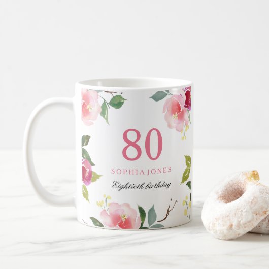  roze Elegant Floral 80th Birthday Gift Koffiemok (Met donut)