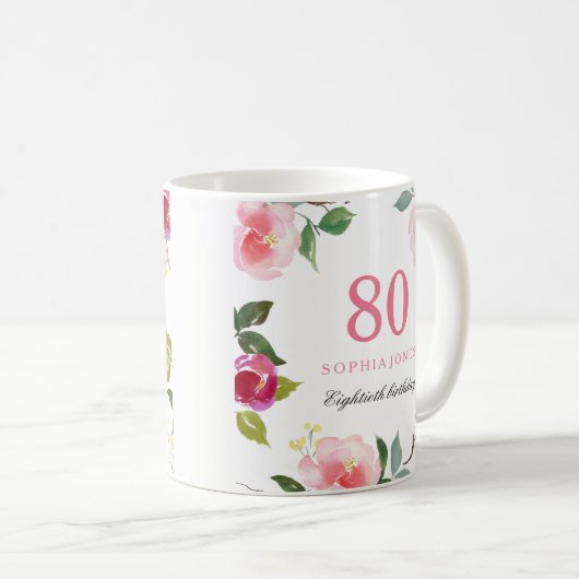  roze Elegant Floral 80th Birthday Gift Koffiemok (Voorkant rechts)