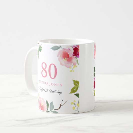 roze Elegant Floral 80th Birthday Gift Koffiemok (Voorkant links)