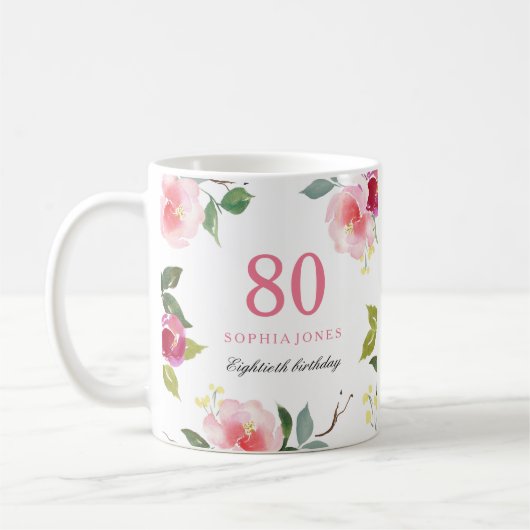  roze Elegant Floral 80th Birthday Gift Koffiemok (Links)