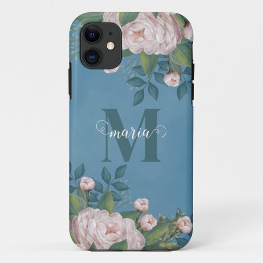  Roze Elegant Floral Roos Monogram Naam Case-Mate iPhone Case (Achterkant)