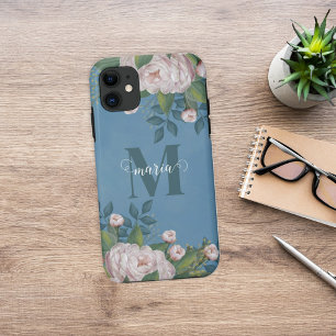 Roze Elegant Floral Roos Monogram Naam Case-Mate iPhone Case