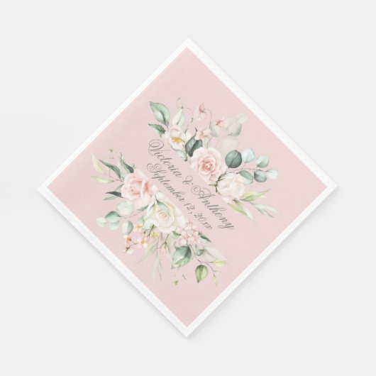 Roze Elegant Floral Script Name Wedding Napkins Servet (Hoek)