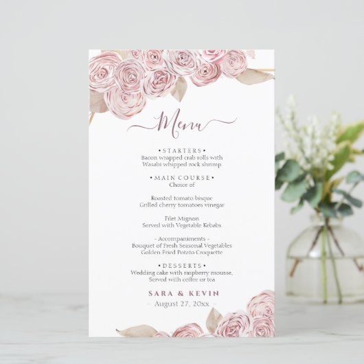 Roze Elegant Floral Vanilla Wedding Menu (Staand voorkant)