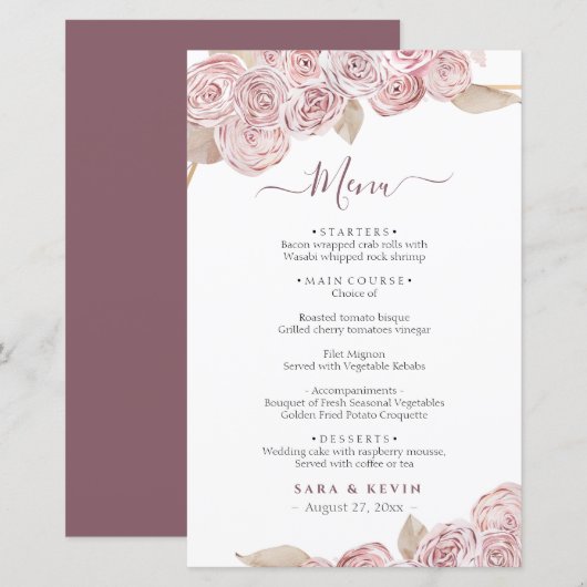 Roze Elegant Floral Vanilla Wedding Menu (Voorkant / Achterkant)