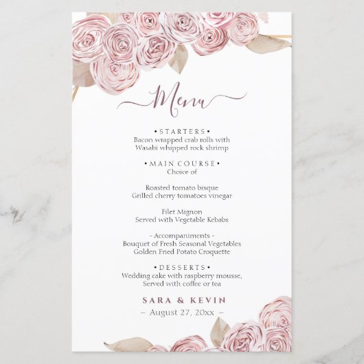 Roze Elegant Floral Vanilla Wedding Menu (Voorkant)
