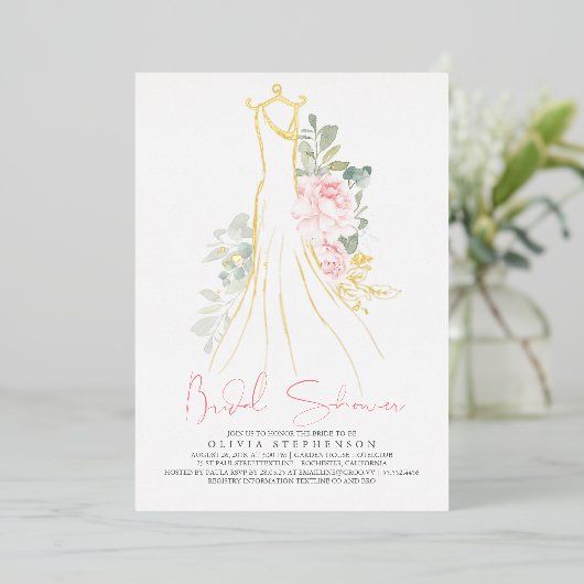 Roze Elegant Flowers Gold Greenery Vrijgezellenfee Folie Uitnodiging (Staand Voorkant)