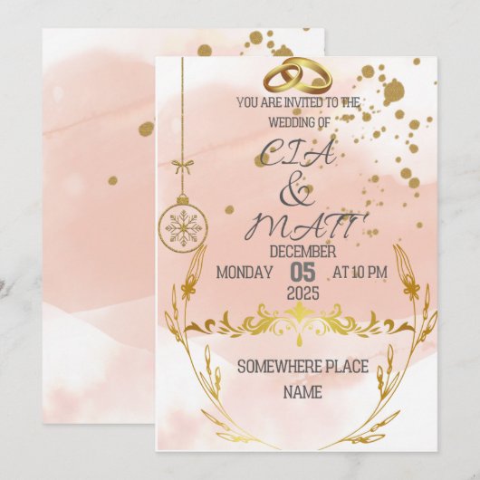 Roze Elegant Goud De Trouw Uitnodiging (Voorkant / Achterkant)