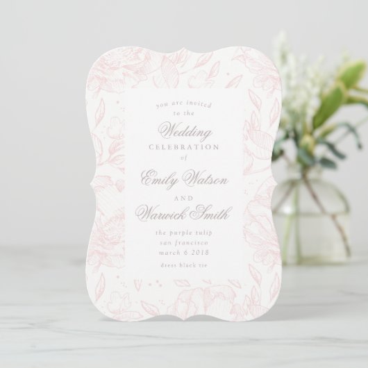 Roze Elegant Hand Drawn Floral Wedding Invitation Kaart (Staand voorkant)