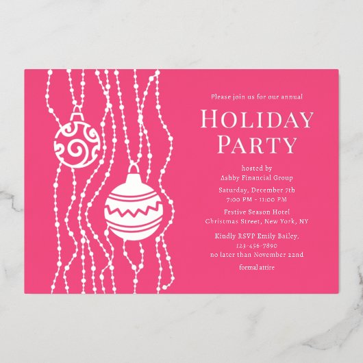 Roze Elegant Kerstfeest Zakelijke vakantie Folie Uitnodiging (Voorkant)