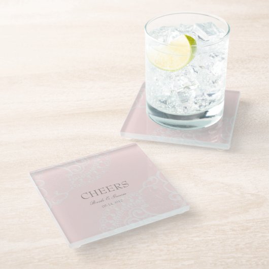 Roze Elegant Lace Wedding Cheers Glazen Onderzetter (Schuin)