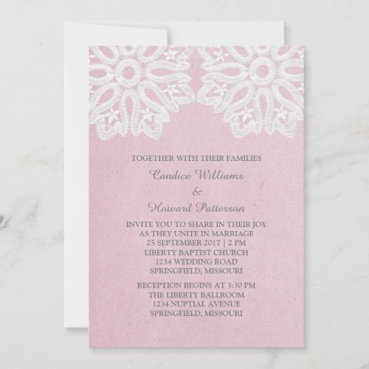 Roze Elegant Lace Wedding Invite Kaart (Voorkant)