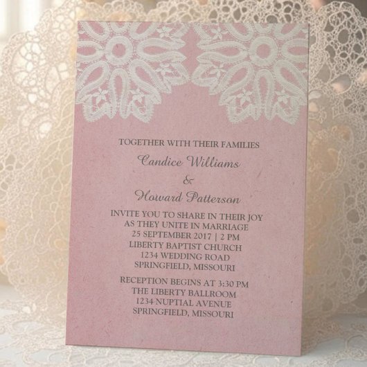 Roze Elegant Lace Wedding Invite Kaart