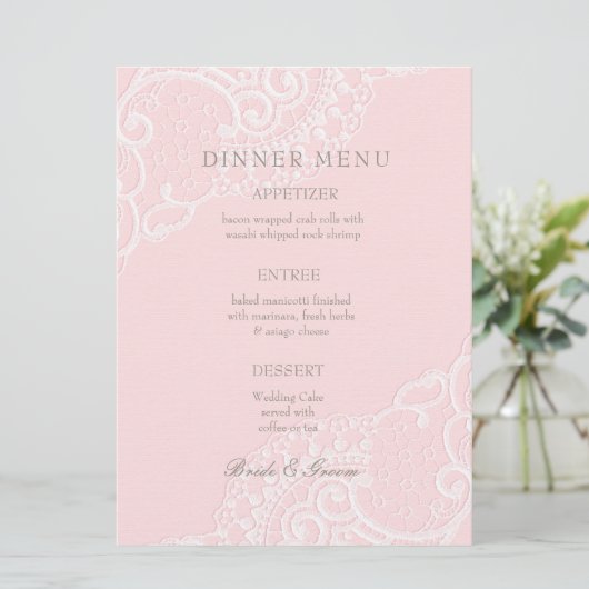 Roze Elegant Lace Wedding Menu (Staand voorkant)