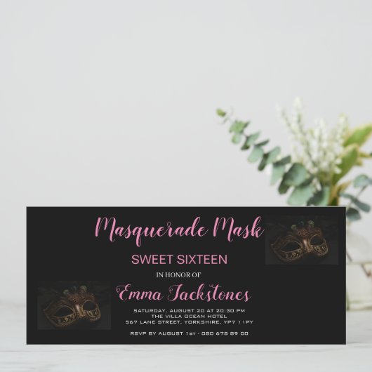 Roze Elegant Masquerade maskerade Theme Sweet Sixt Kaart (Staand voorkant)