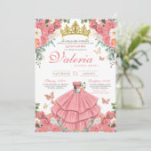 Roze Elegant Prinses Vlinder Roos Quinceanera Kaart (Staand voorkant)