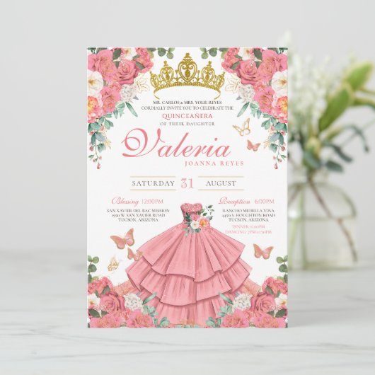 Roze Elegant Prinses Vlinder Roos Quinceanera Kaart (Staand voorkant)