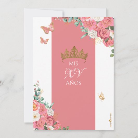 Roze Elegant Prinses Vlinder Roos Quinceanera Kaart (Achterkant)