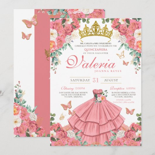 Roze Elegant Prinses Vlinder Roos Quinceanera Kaart (Voorkant / Achterkant)